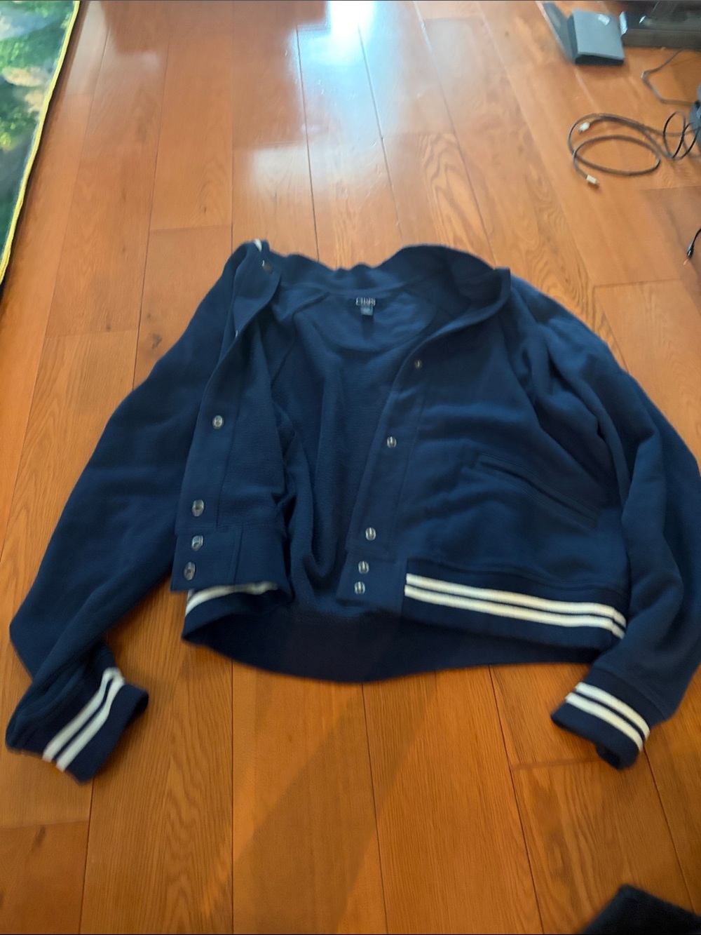 Chaps Navy Varsity Jacket with White Stripe Trim